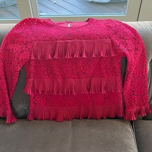 J. Crew Red Lace Blouse with Ruffle Accents